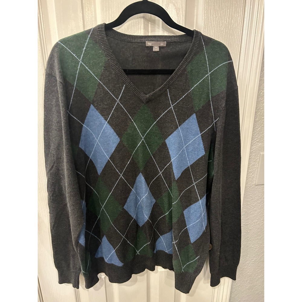 Gap V-Neck Sweater Grey Argyle‎ Cotton Knit Pullover Preppy Classic Mens L